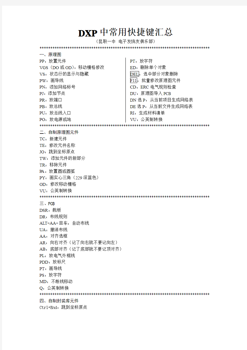 DXP中常用快捷键汇总