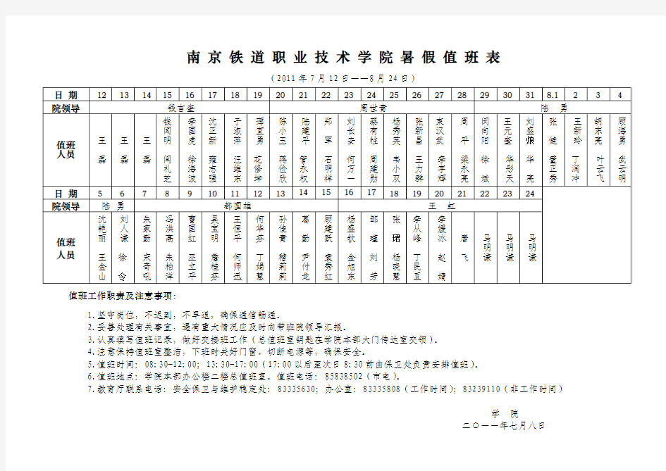 南 京 铁 道 职 业 技 术 学 院 暑 假 值 班 表