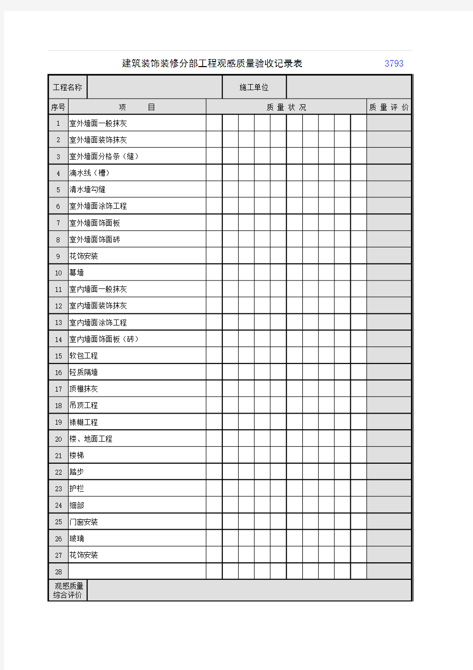 建筑装饰装修分部工程观感质量验收记录表