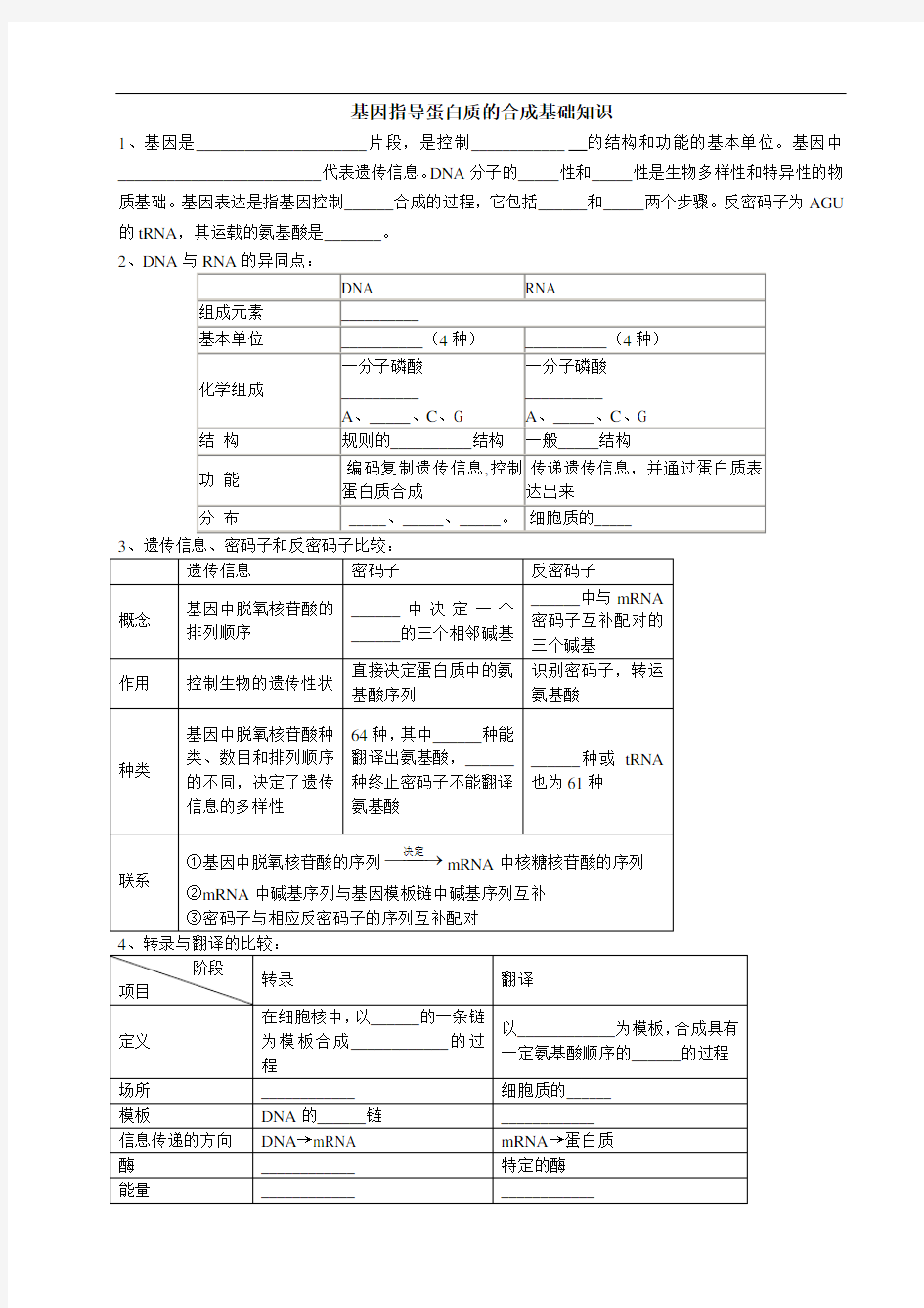 基因的表达练习题