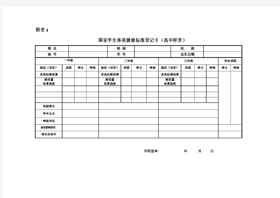 学生体质健康标准登记卡(高中样表)