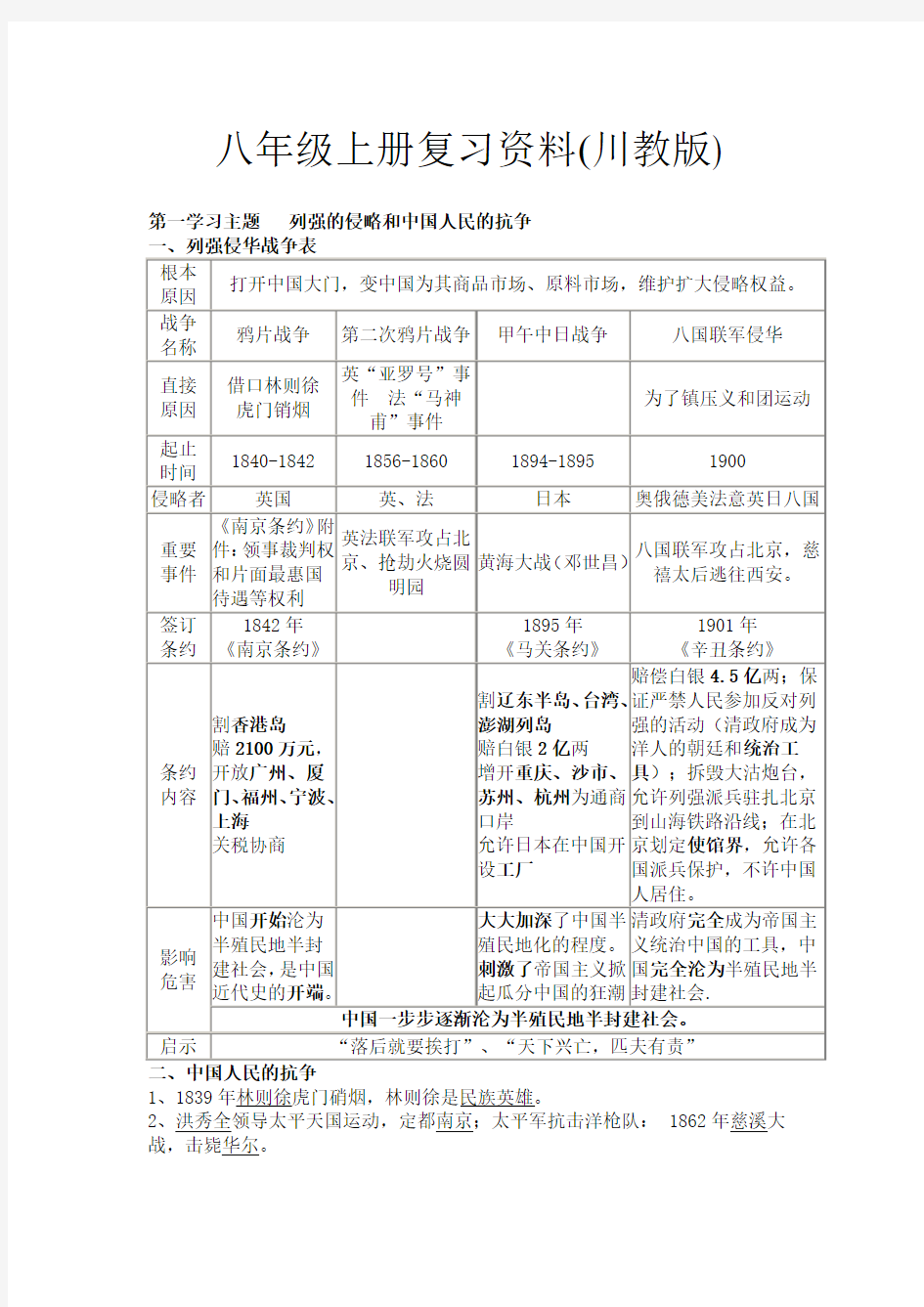 川教版八年级历史上册复习提纲(全套)(1)