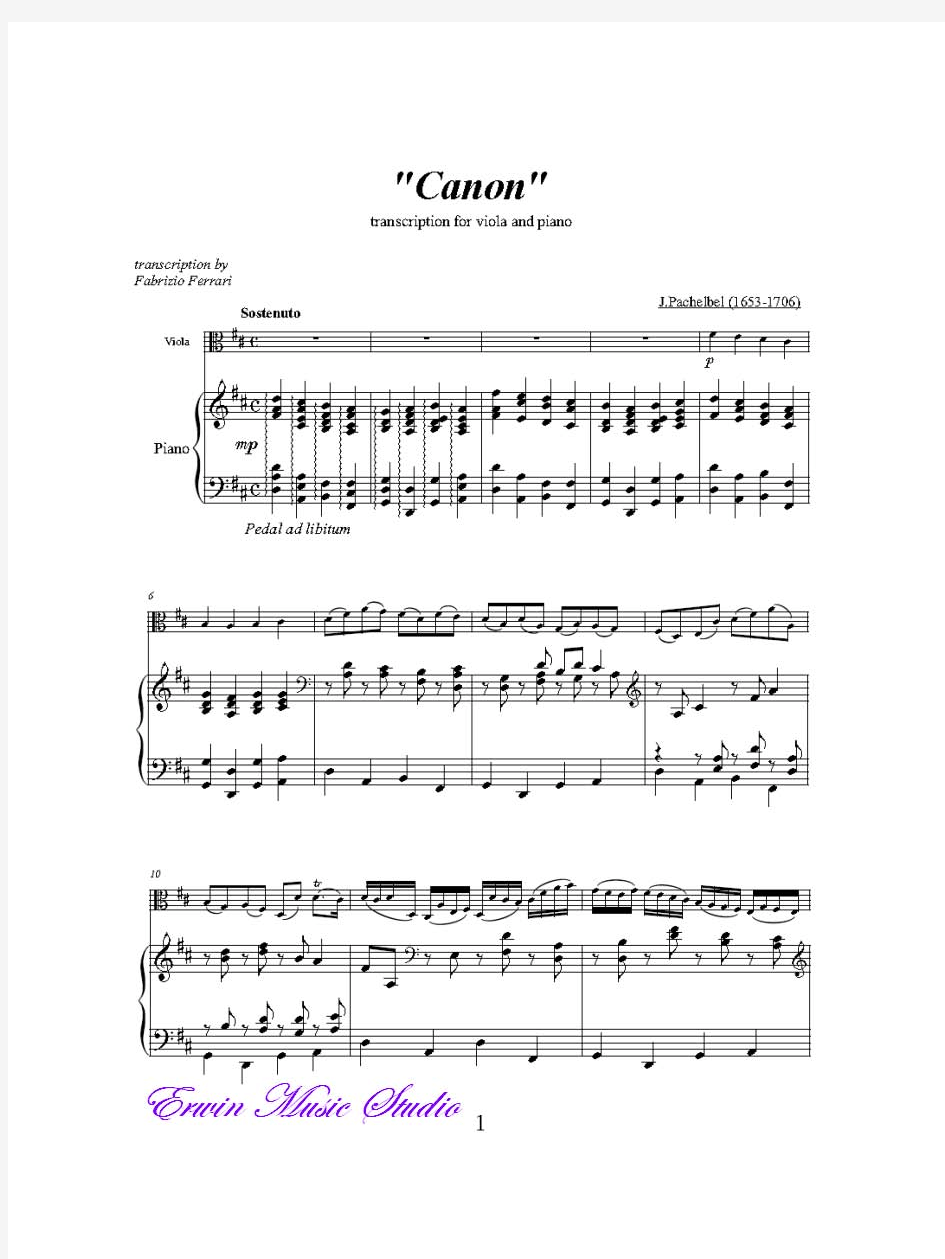 Johann约翰·帕赫贝尔《D大调卡农》小(中)提琴曲谱+钢琴伴奏曲谱 Pachelbel   Canon Piano