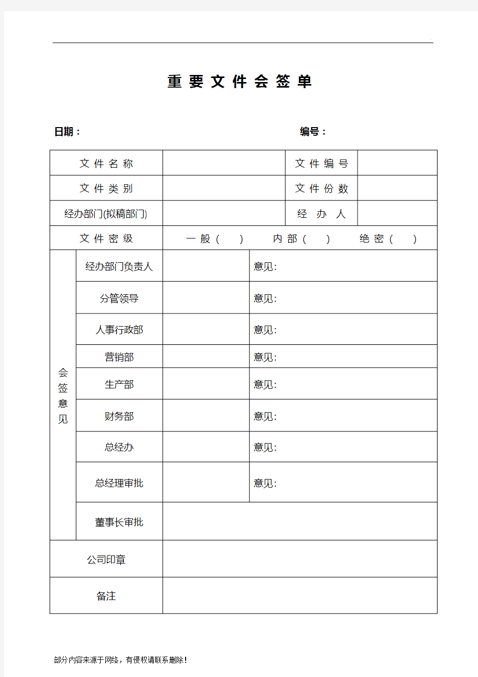 重要文件会签单(模板)