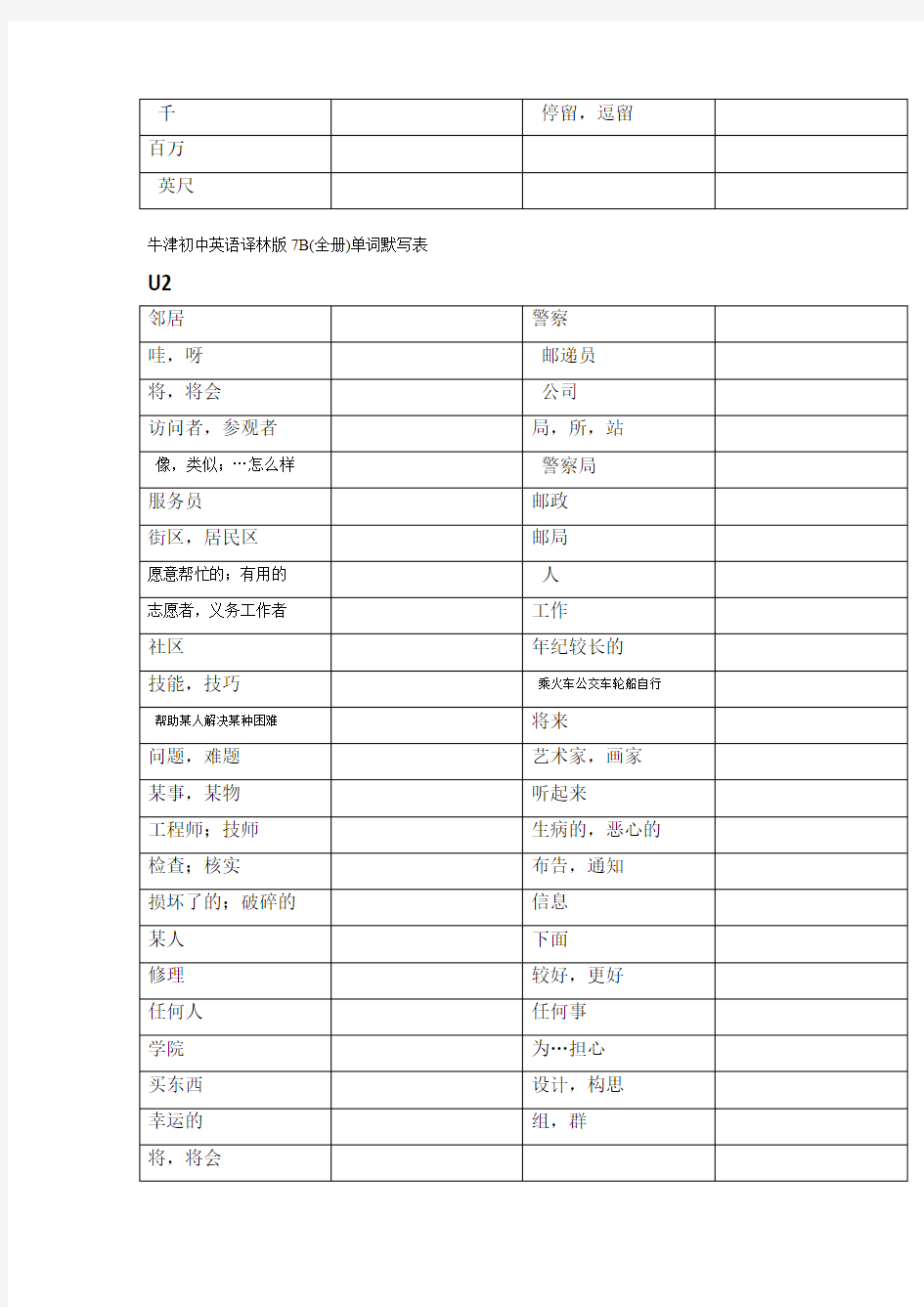 牛津初中英语译林版7B(全册)单词默写表