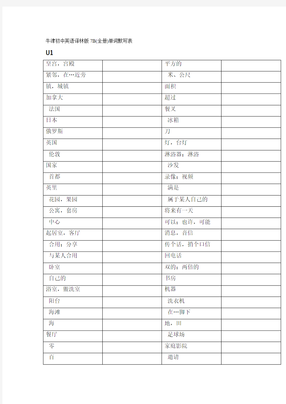 牛津初中英语译林版7B(全册)单词默写表