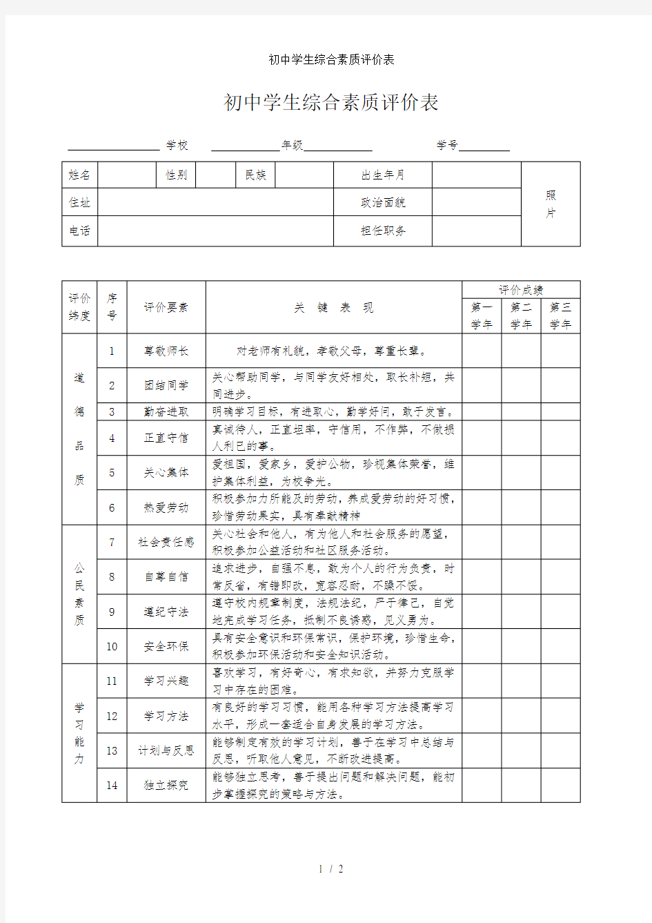 初中学生综合素质评价表