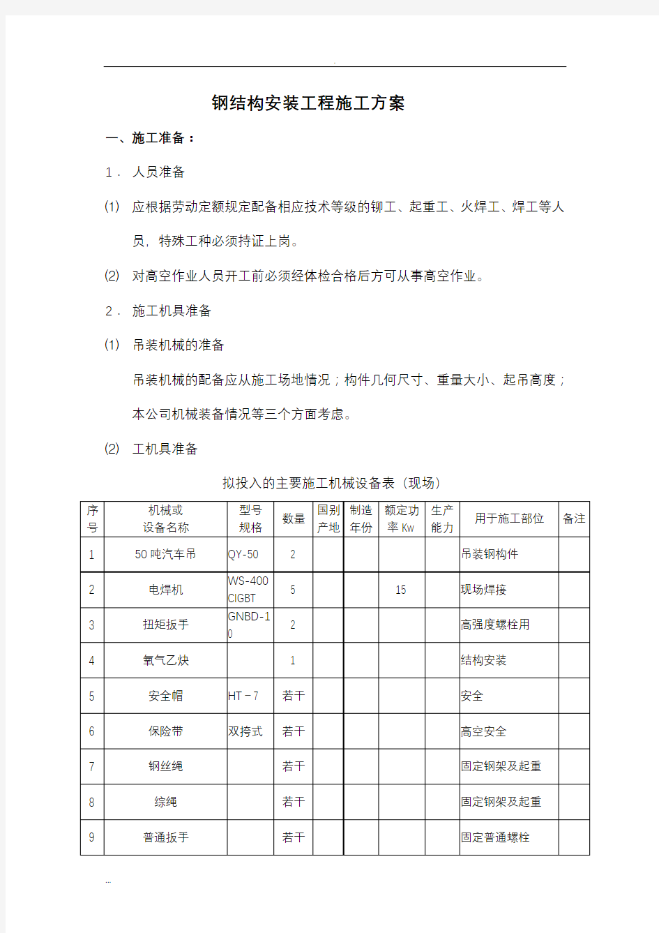 钢结构安装工程施工及方案