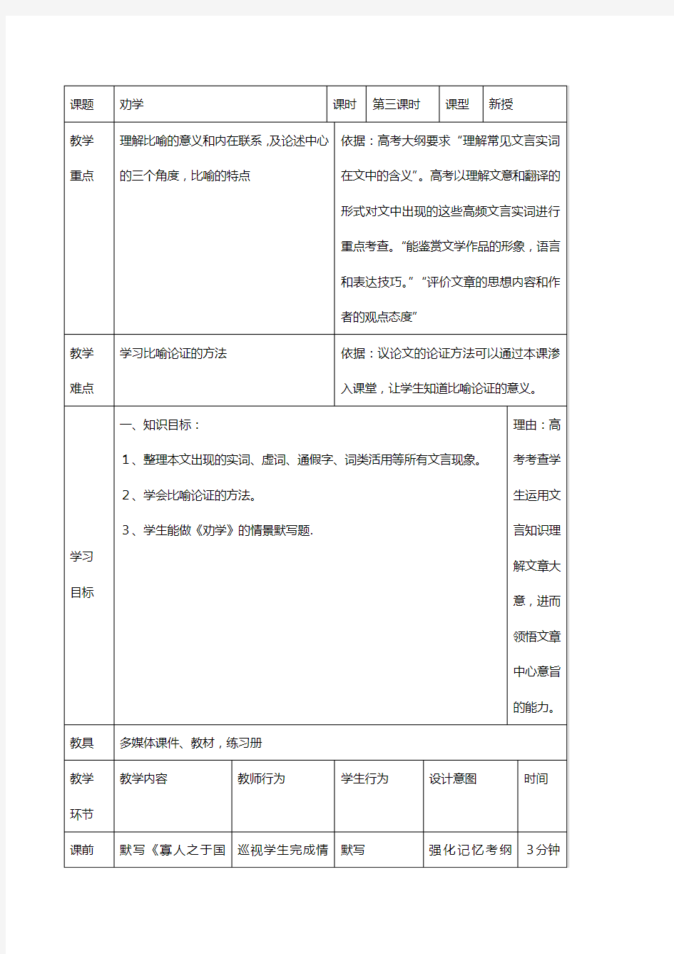 辽宁省大连渤海高级中学高中语文必修三教案：劝学第三课时