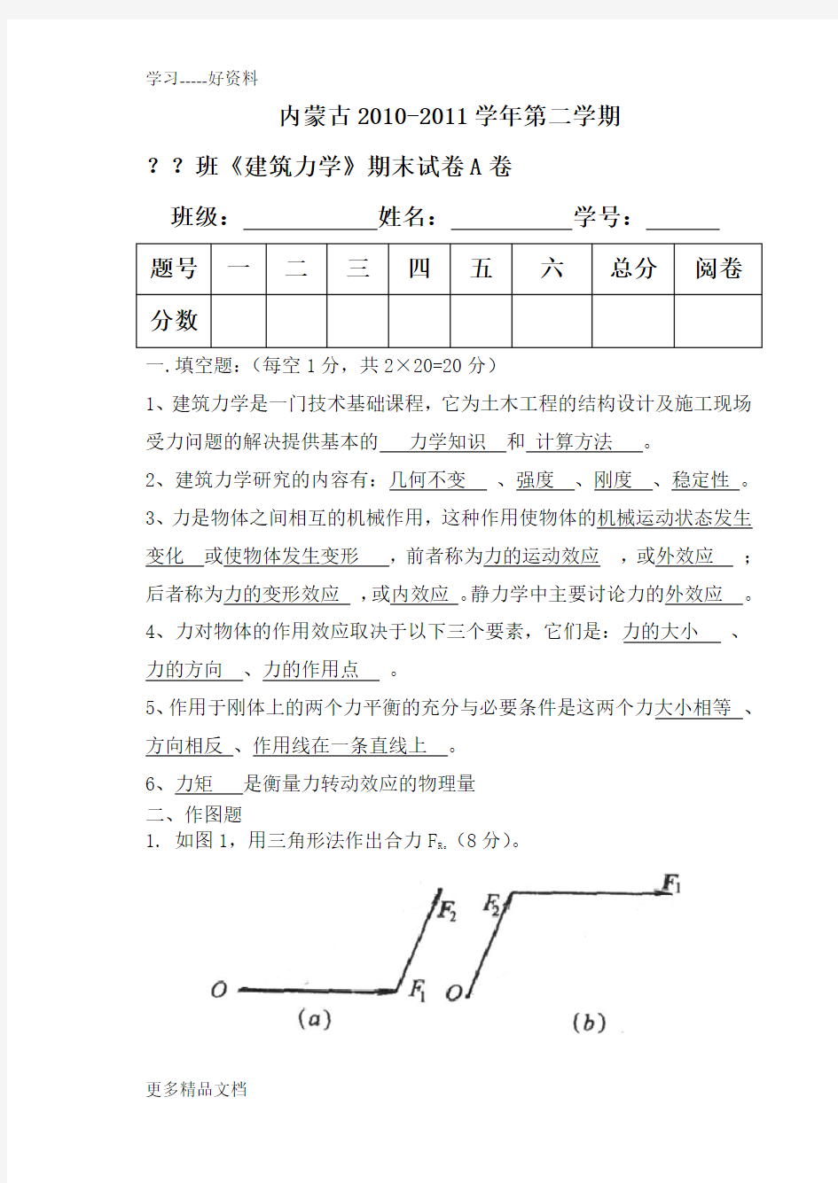 建筑力学期末试卷A答案汇编