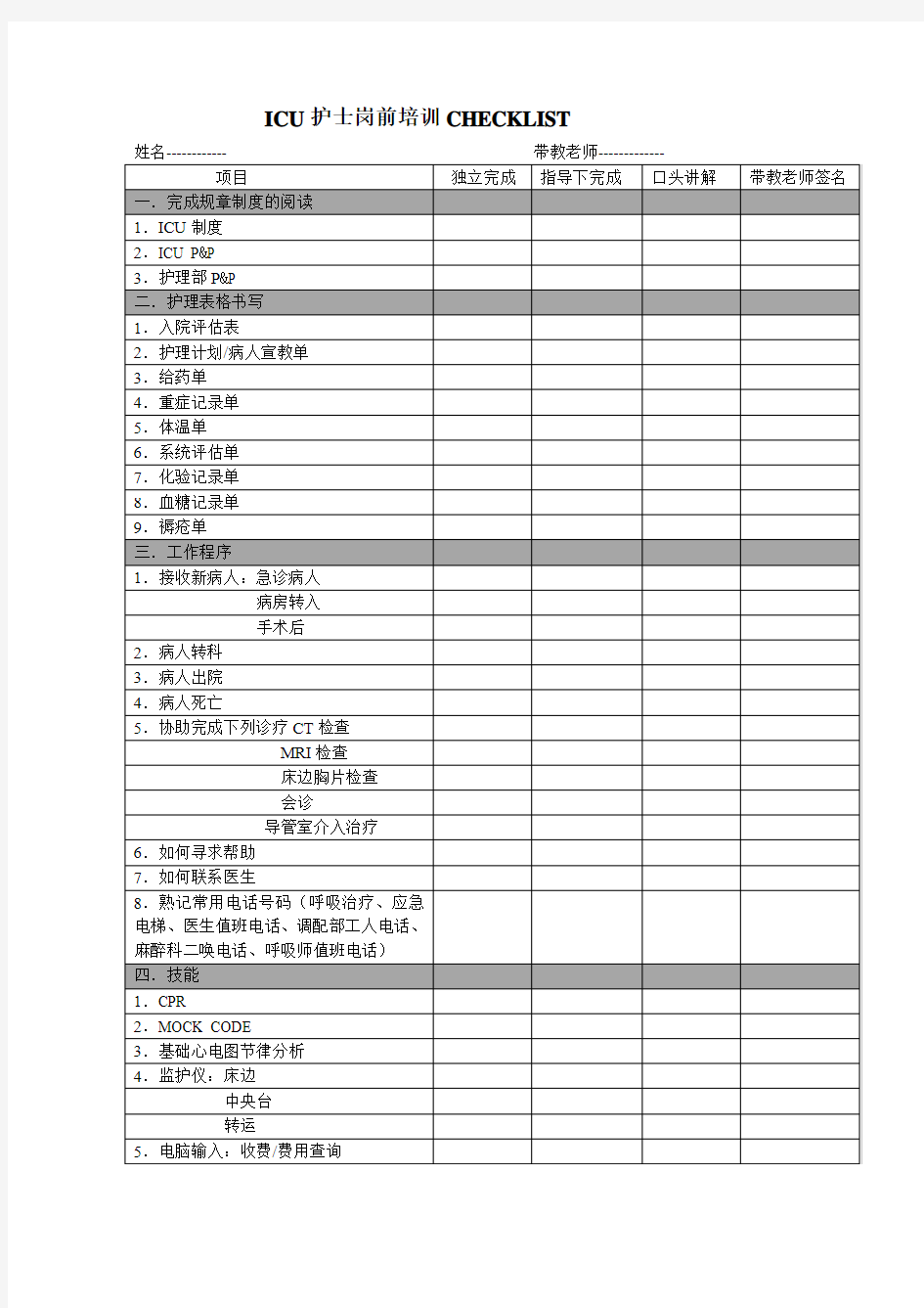 ICU护士岗前培训计划表格