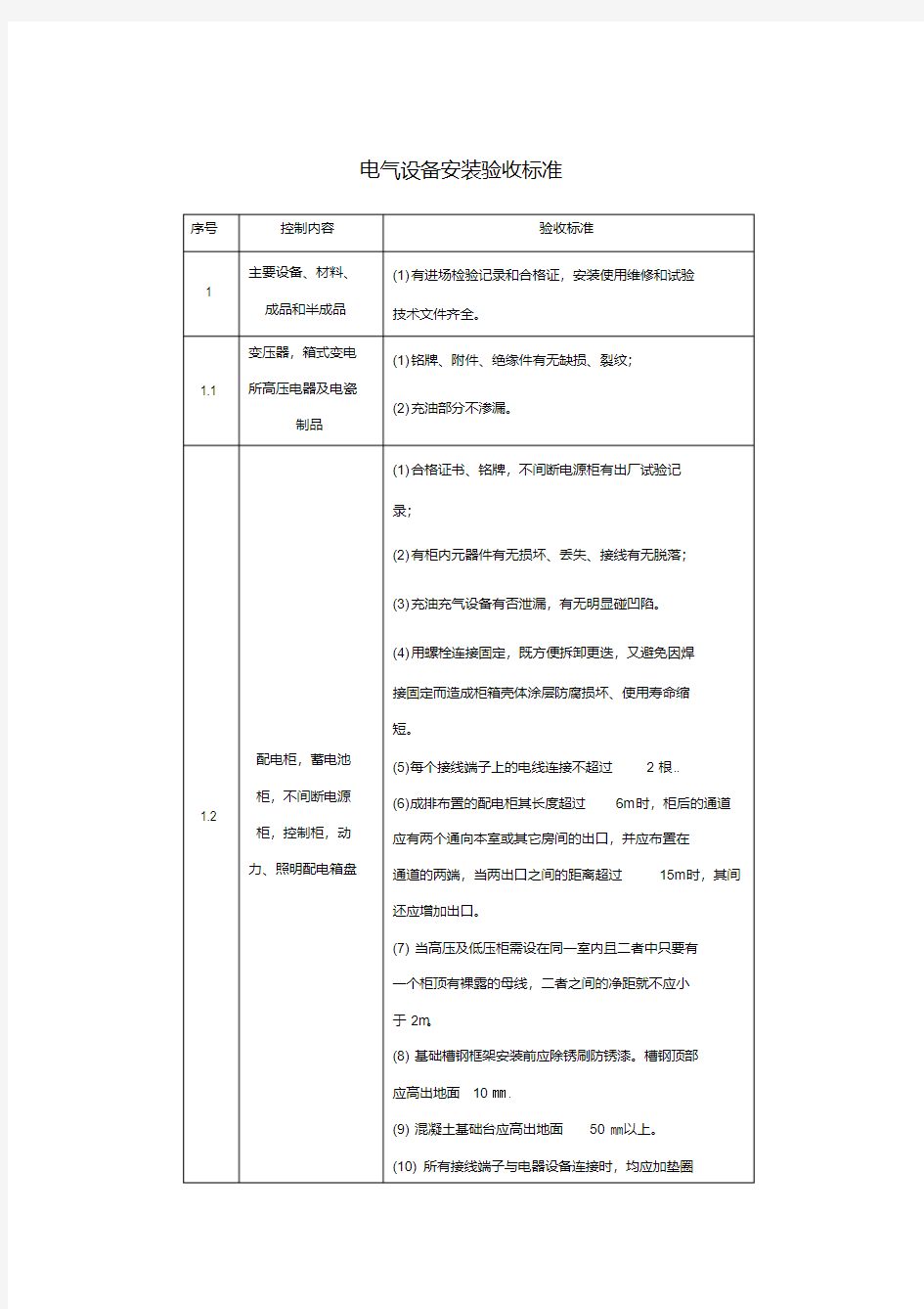 电气设备安装验收标准