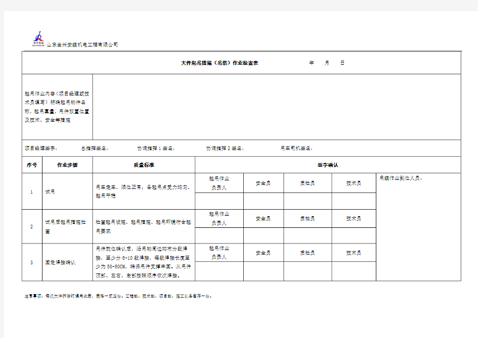 大件吊装作业检查表
