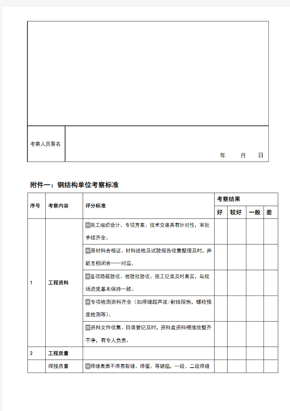 钢结构分包单位考察文件(项目考察表及生产厂考察内容提示要点)