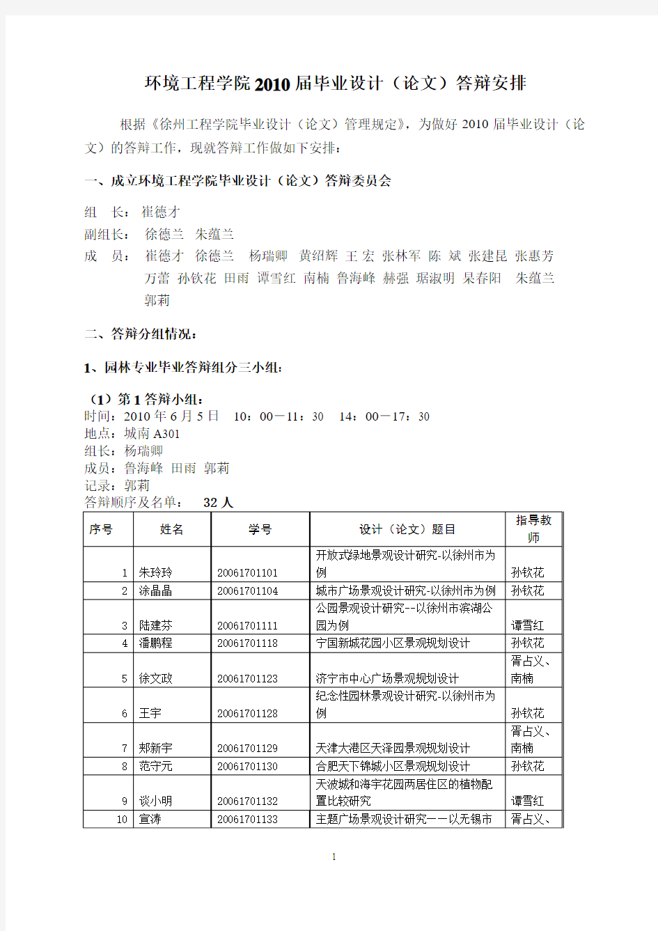 环境工程学院2010届毕业设计论文答辩安排