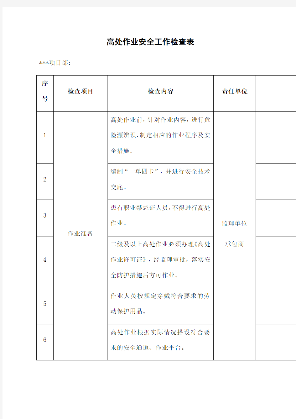 高处作业检查表