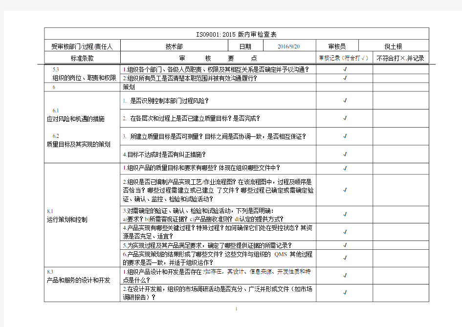 ISO9001-2015技术部 内审检查表