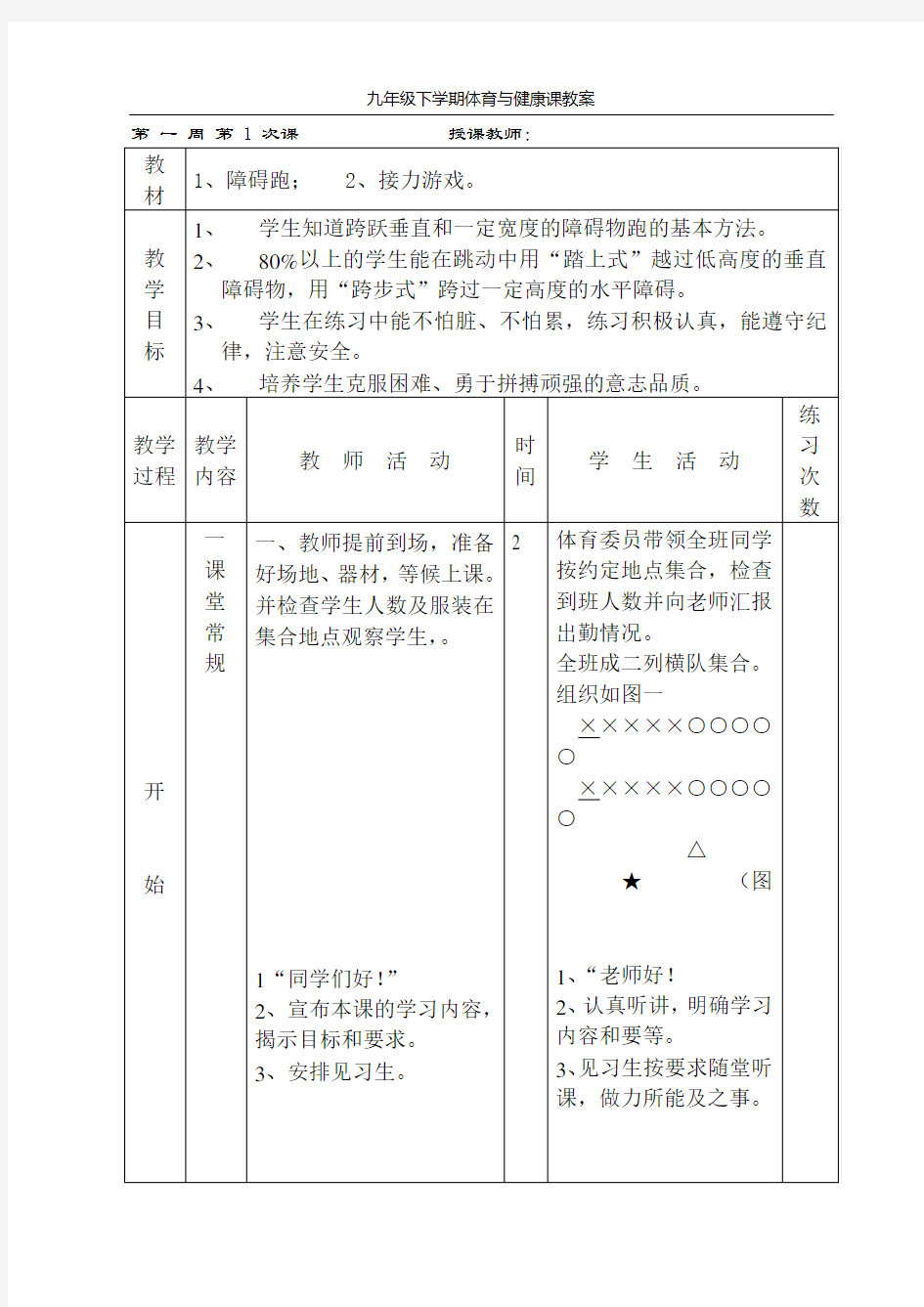 体育与健康课教案(九年级下学期) 