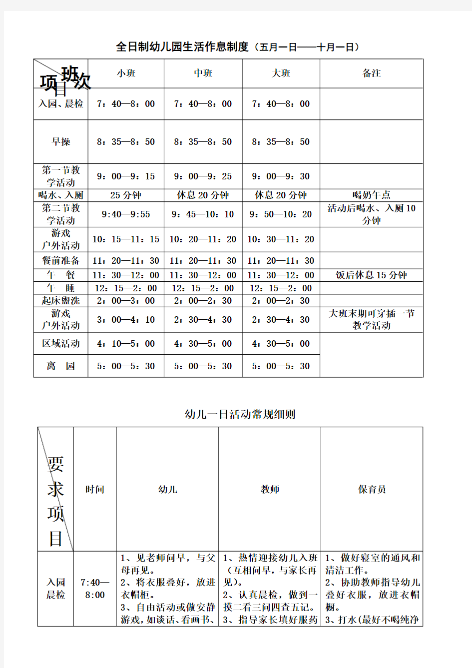 全日制幼儿园生活作息制度.