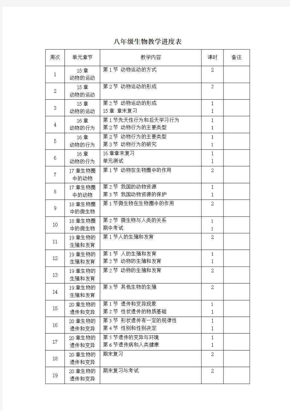 八年级上生物教学进度表