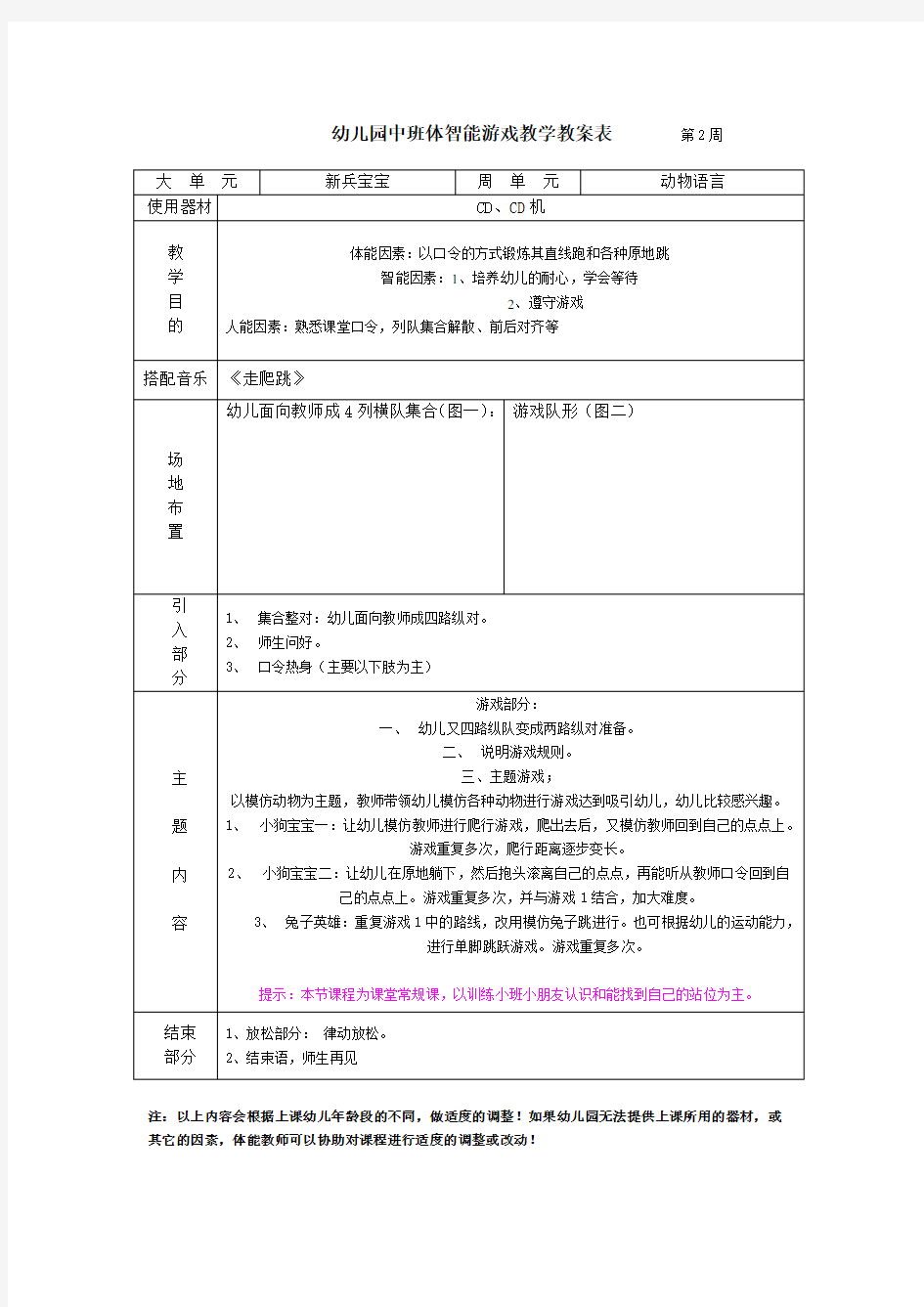 幼儿园中班体智能游戏教学教案表