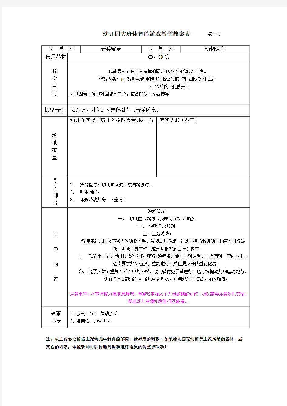 幼儿园中班体智能游戏教学教案表