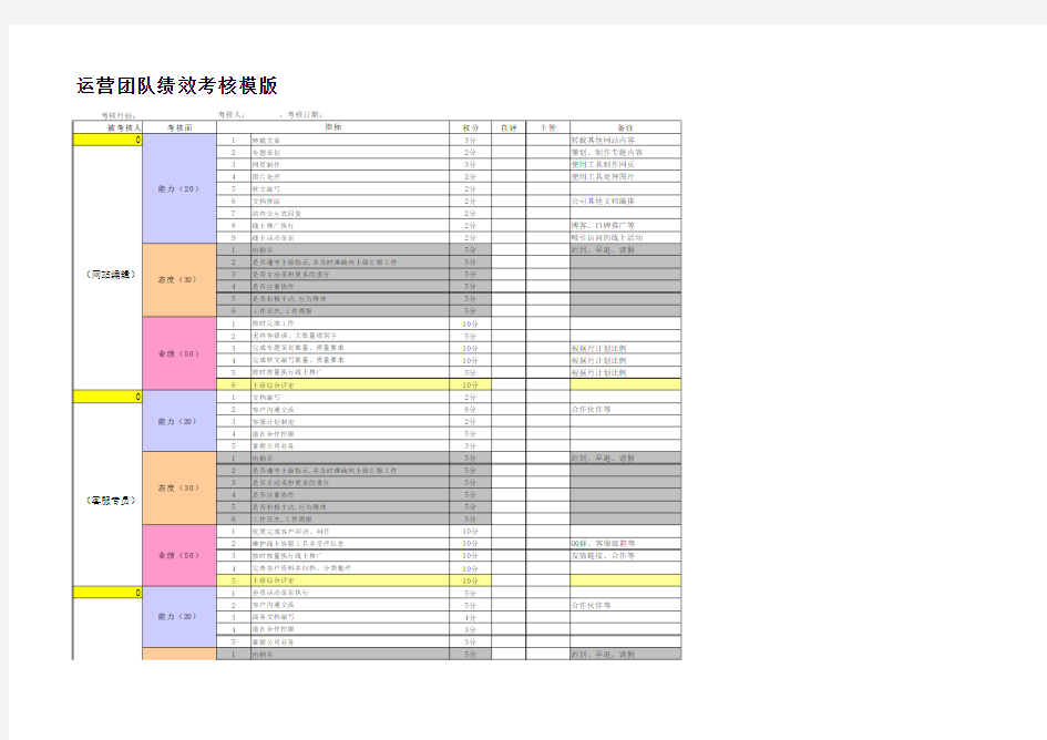 电商绩效考核表KPI表范文模板(网站运营)