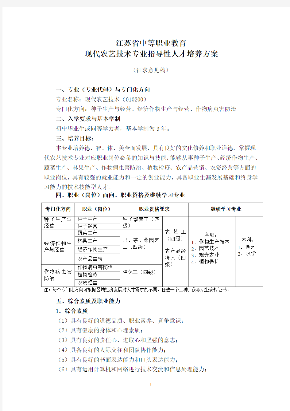 中等职业教育现代农艺技术专业指导性人才培养方案(征求意见稿)