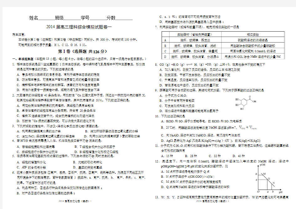 2014届高三理科综合模拟试题(共四套)