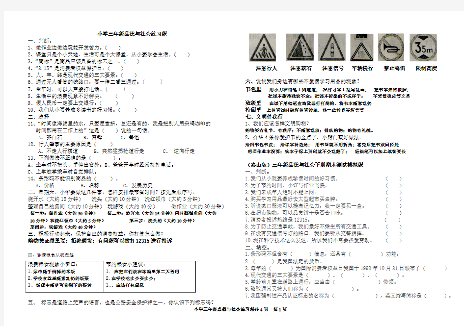 泰山版三年级下册品社期末测试题