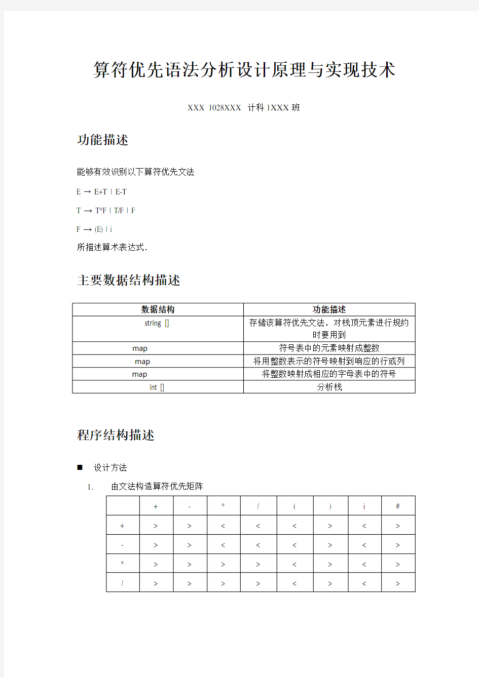 算符优先语法分析设计原理与实现技术 实验报告 及源代码 北京交通大学