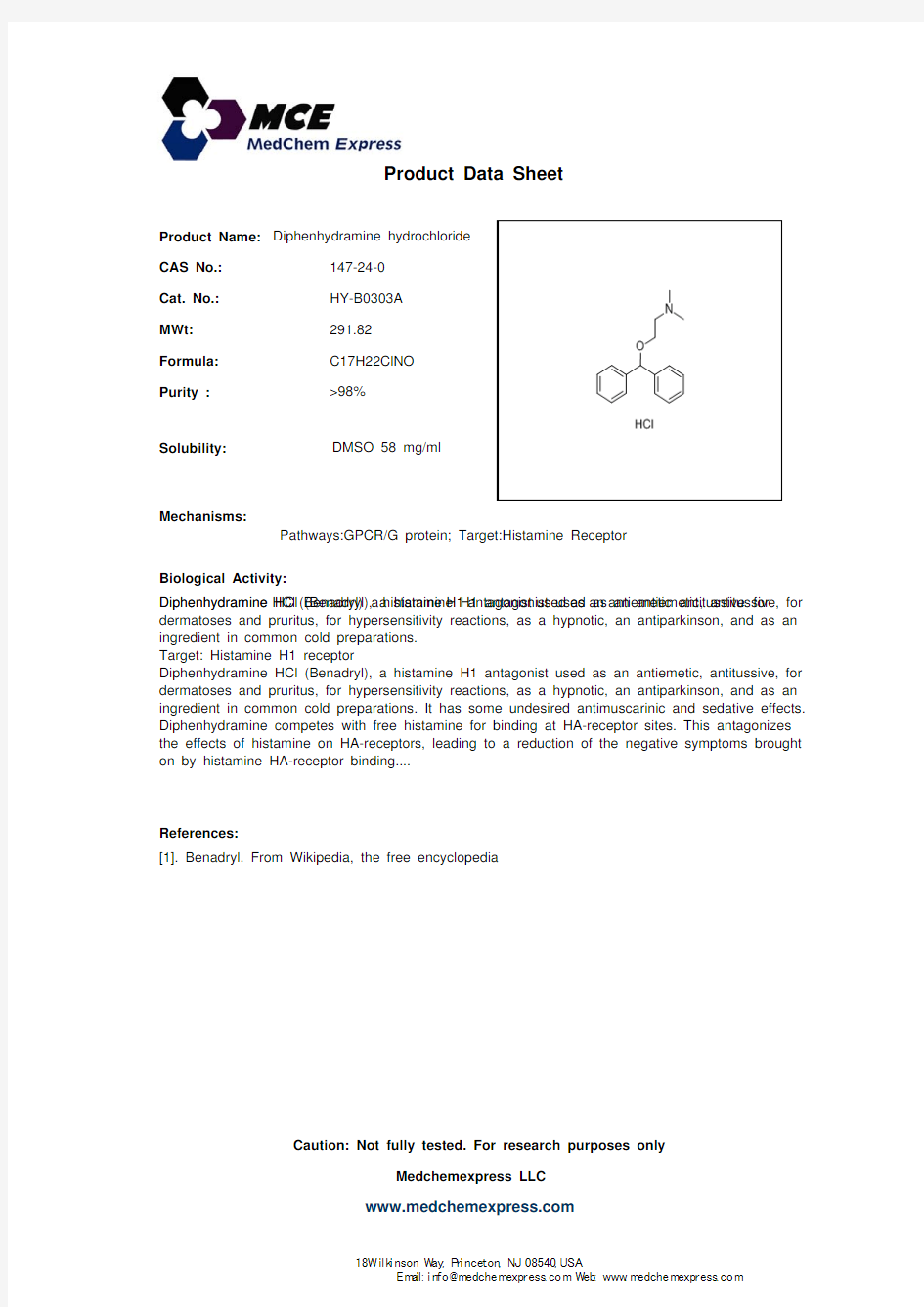 Diphenhydramine hydrochloride_147-24-0_DataSheet_MedChemExpress