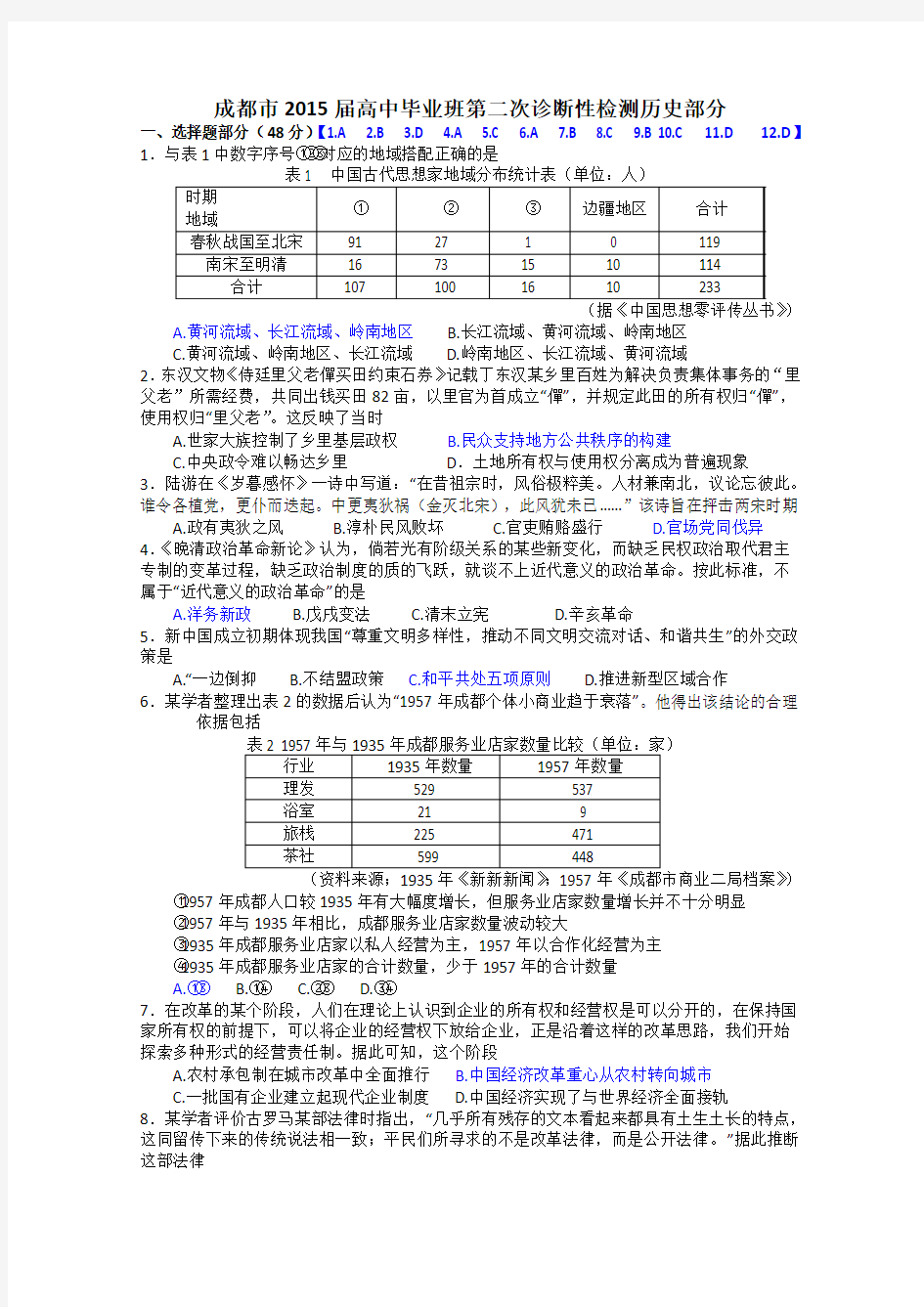 2015成都二诊 四川省成都市2015届高中毕业班第二次诊断性检测 文综历史 Word版含答案