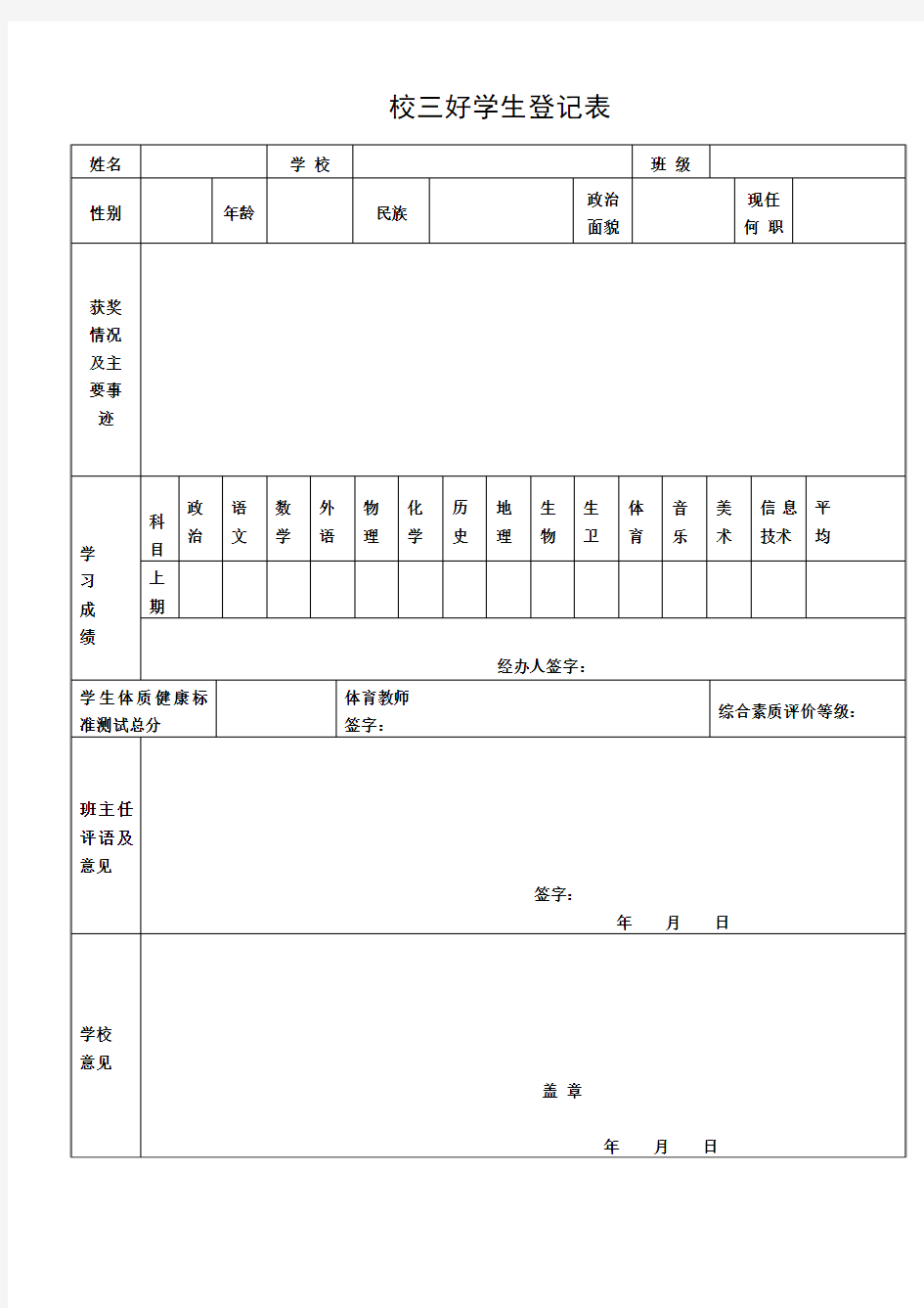 XX中学三好优干申请表