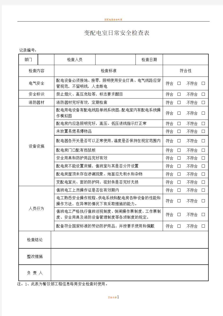 变配电室日常安全检查表