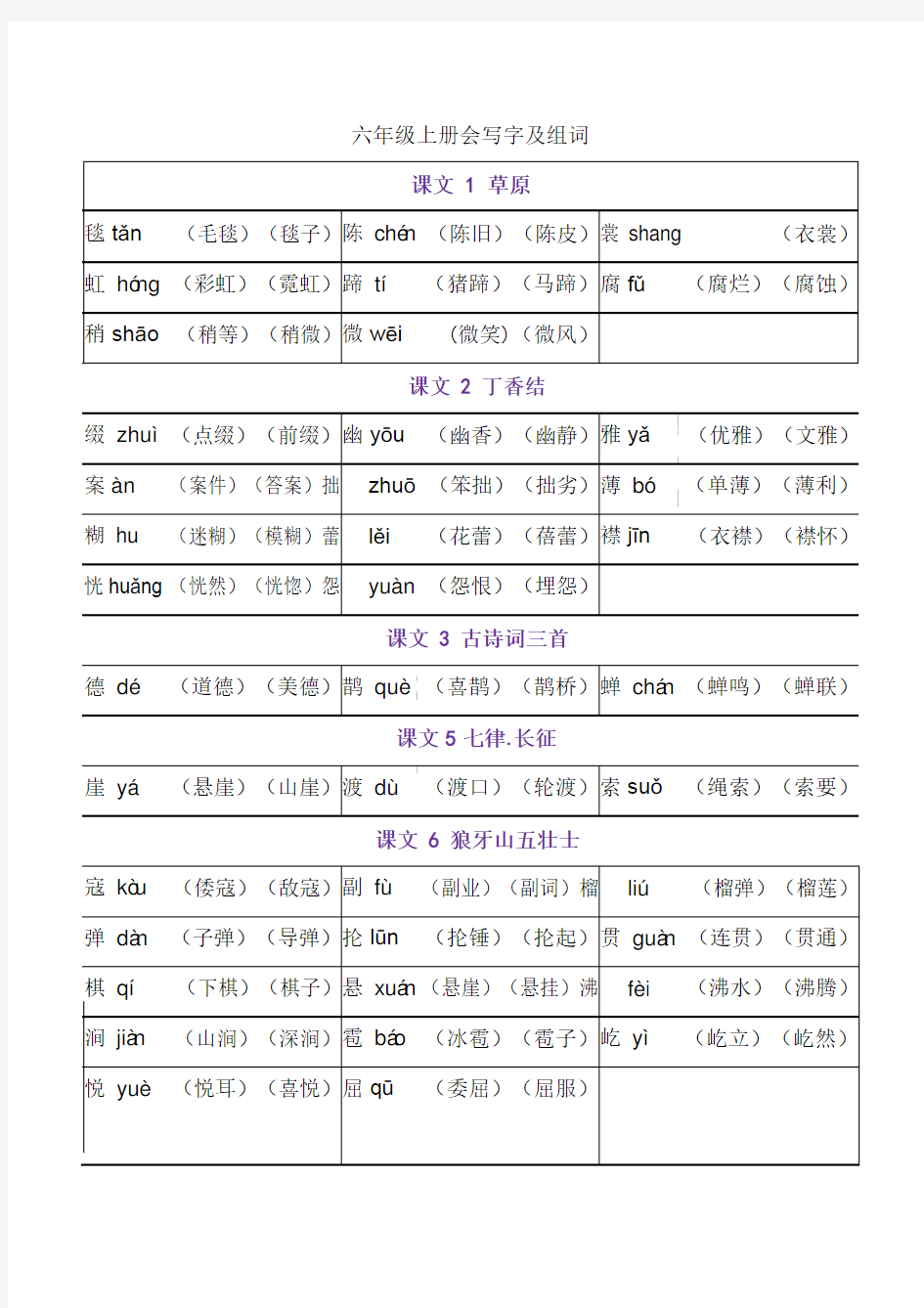 部编人教版小学语文六年级上册写字表组词