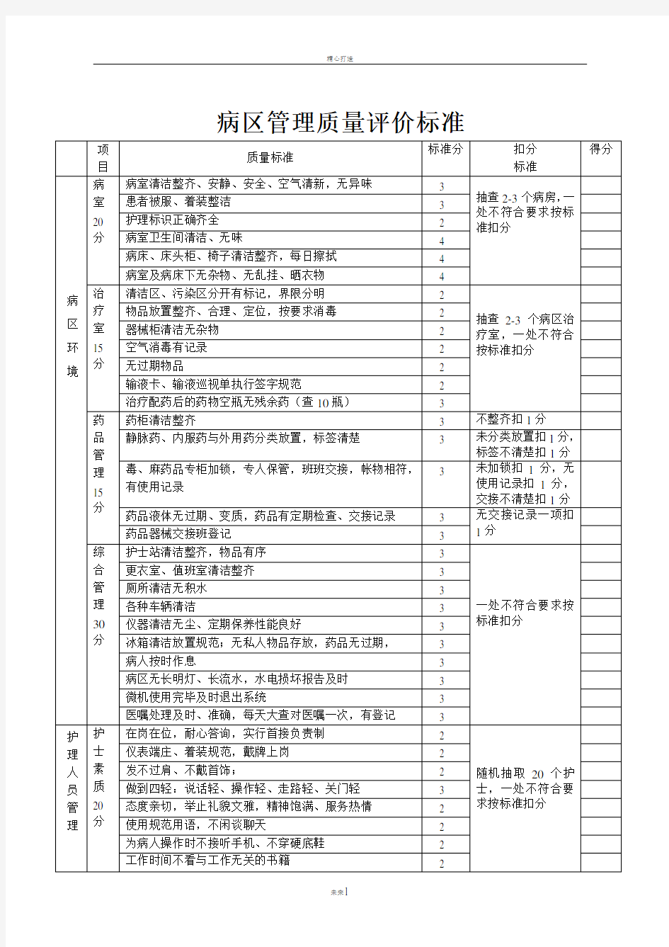 病区管理质量评价标准