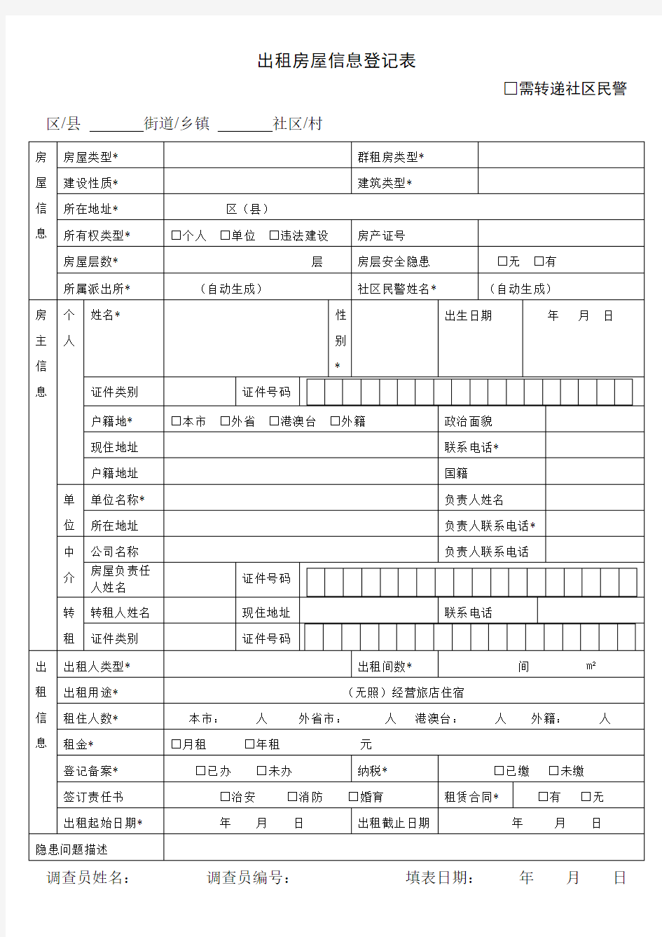 出租房屋信息登记表