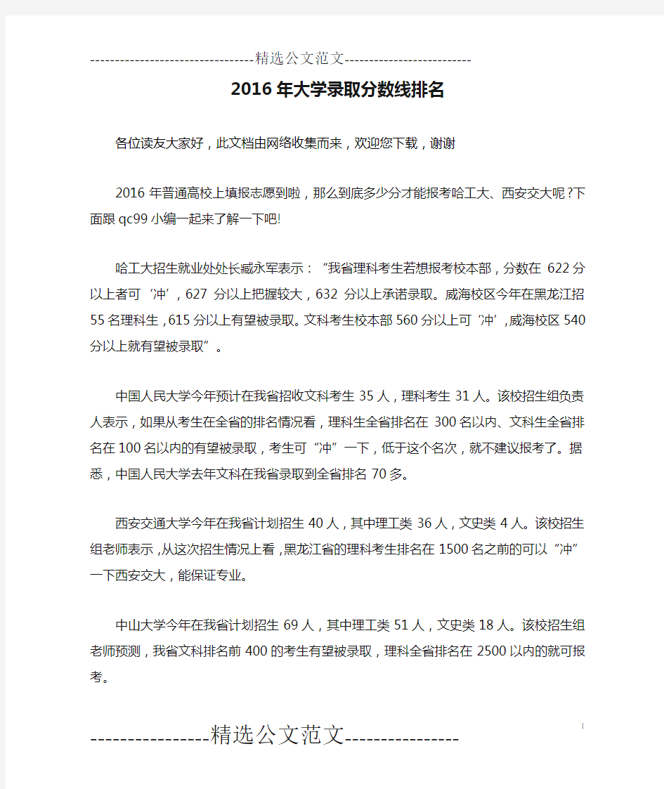 2016年大学录取分数线排名 