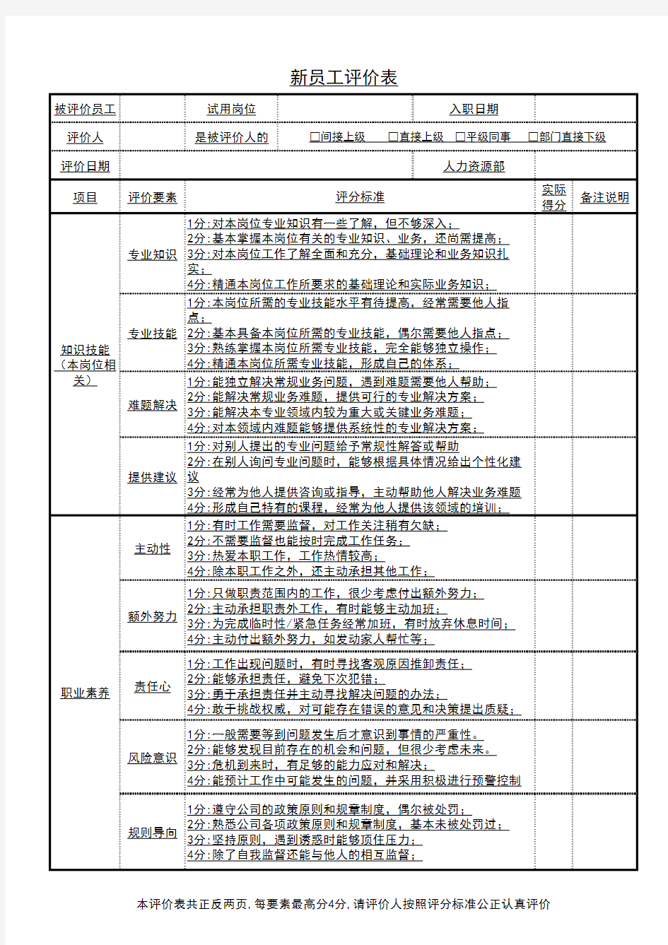 新员工评价表(标准模板)