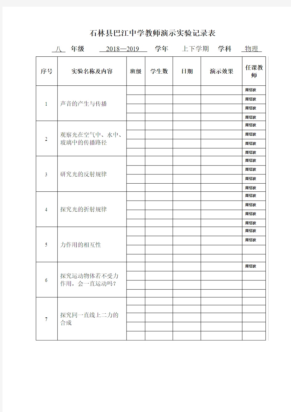 八年级物理教师演示实验记录表