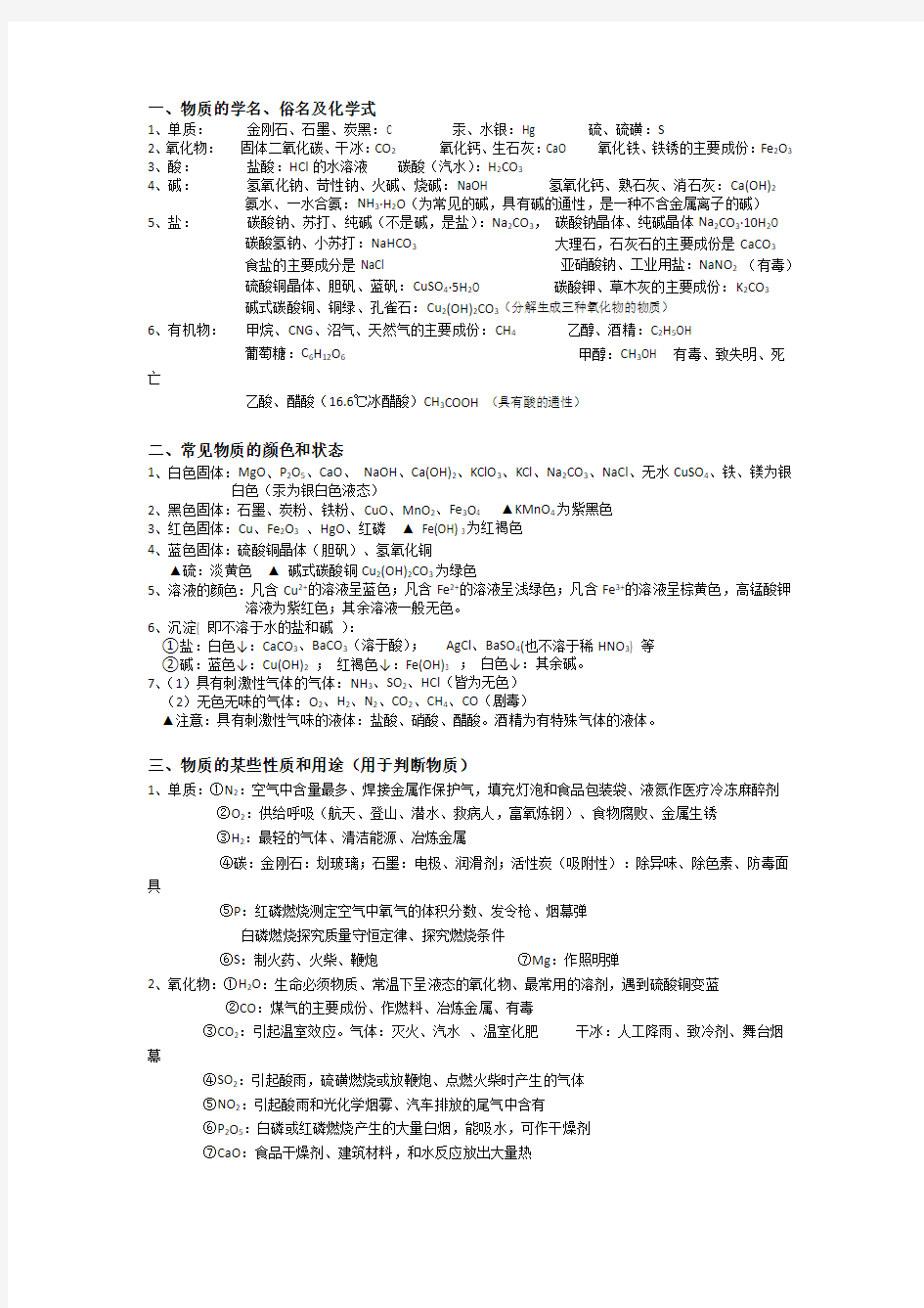 初中化学推断题常用知识点