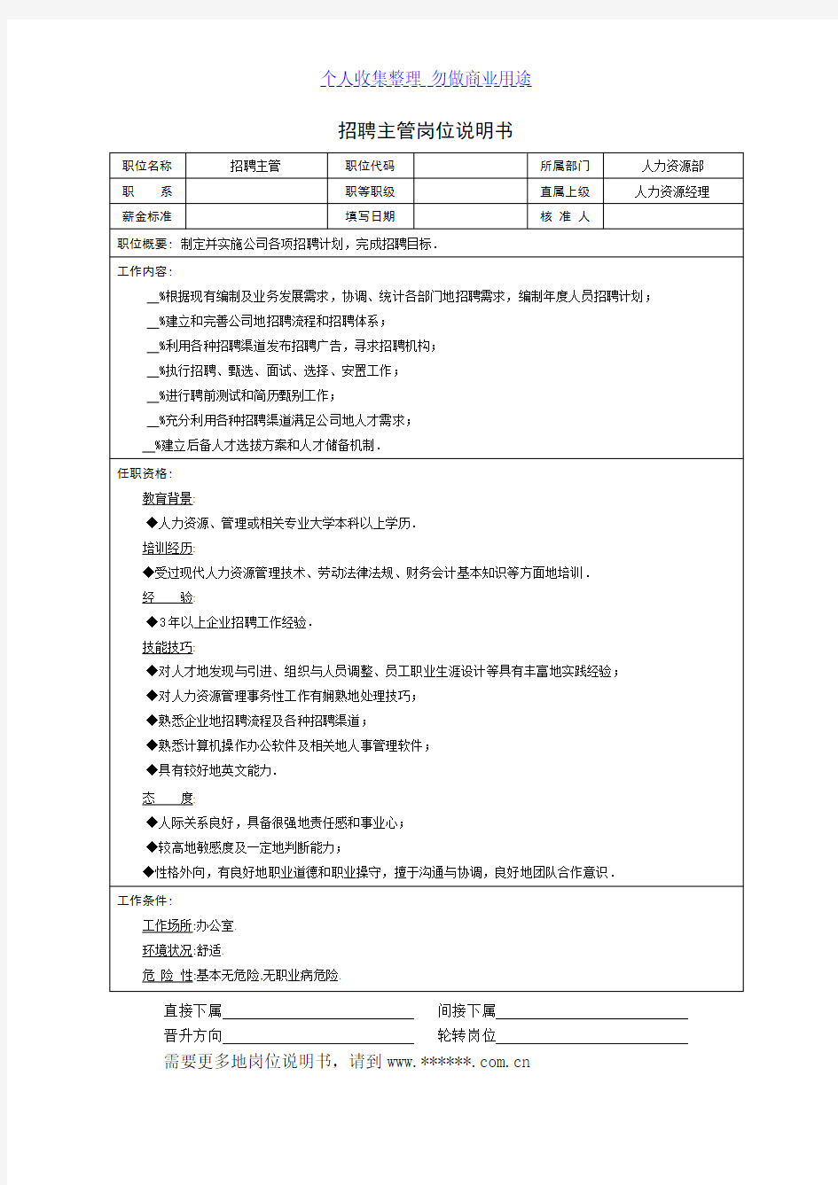 人力资源部——招聘主管岗位说明书