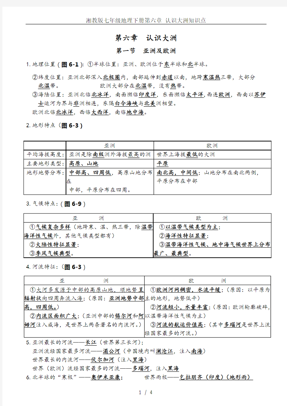 湘教版七年级地理下册第六章 认识大洲知识点