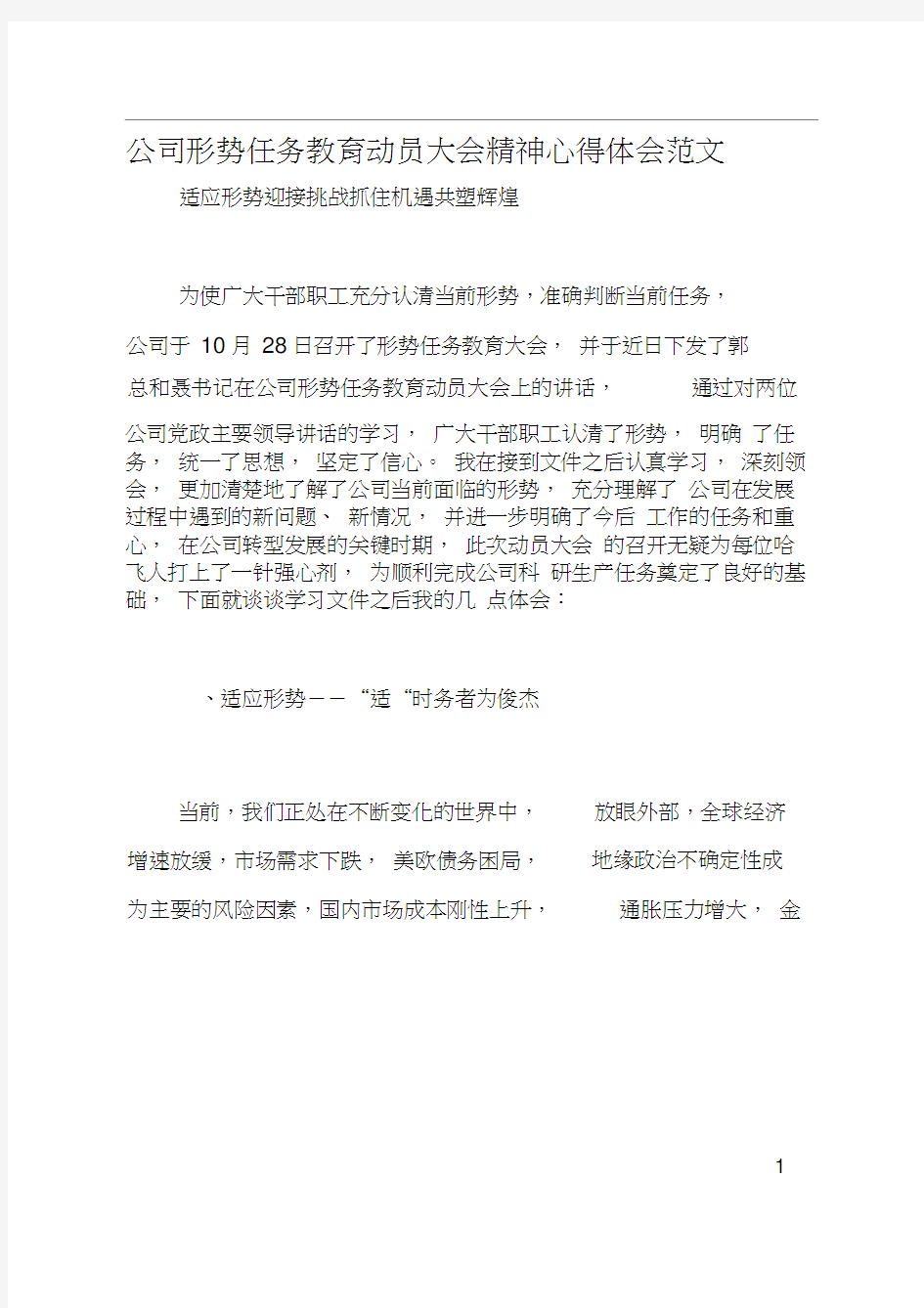 公司形势任务教育动员大会精神心得体会范文