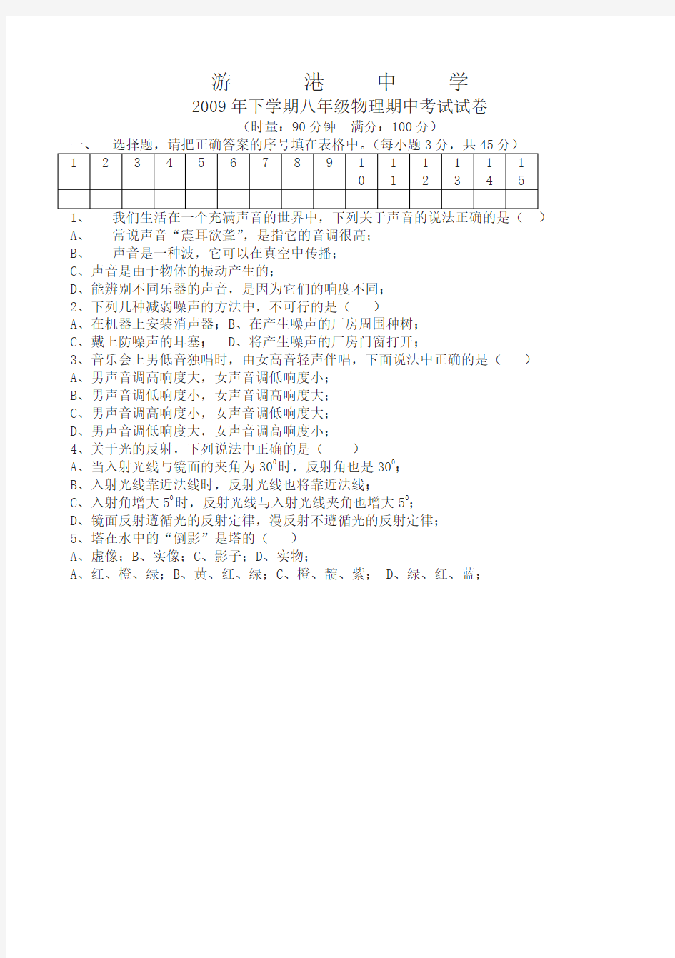 八年级下册物理期中测试卷