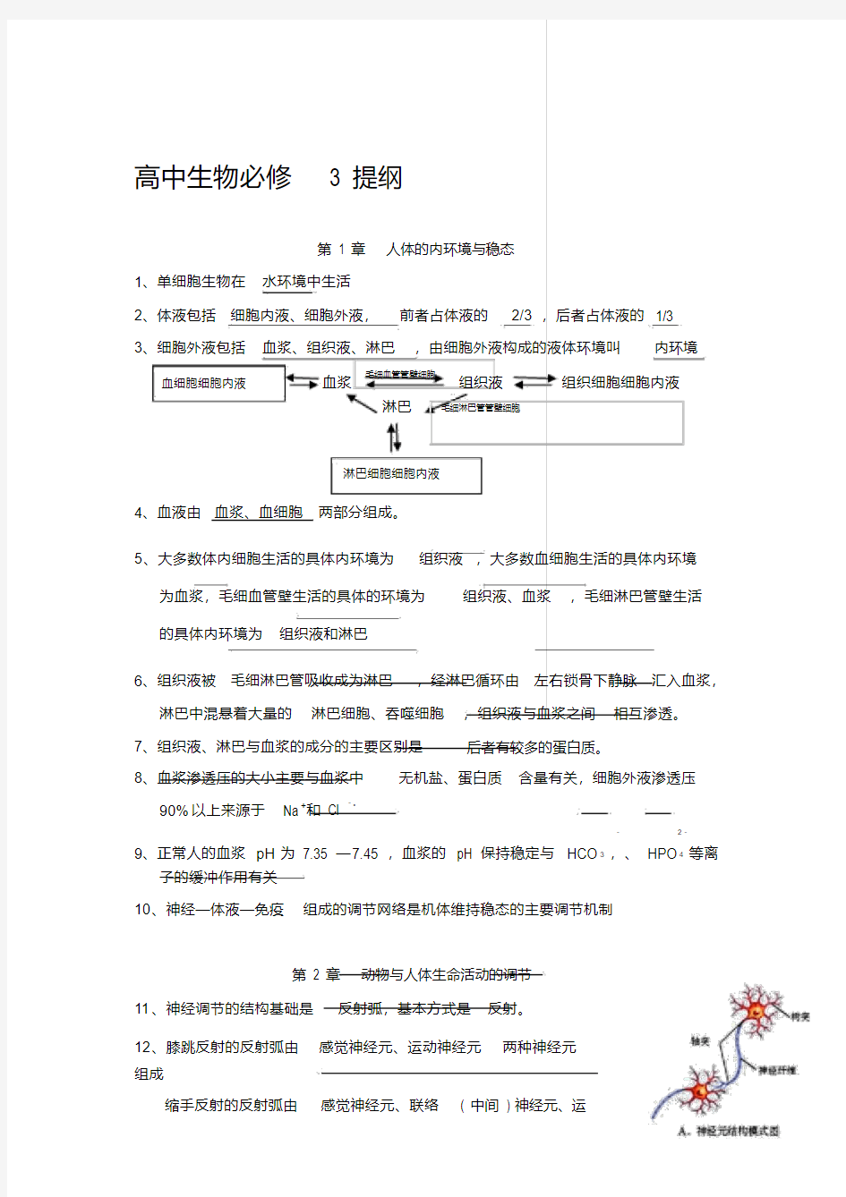 高中生物必修三前三章重点知识总结