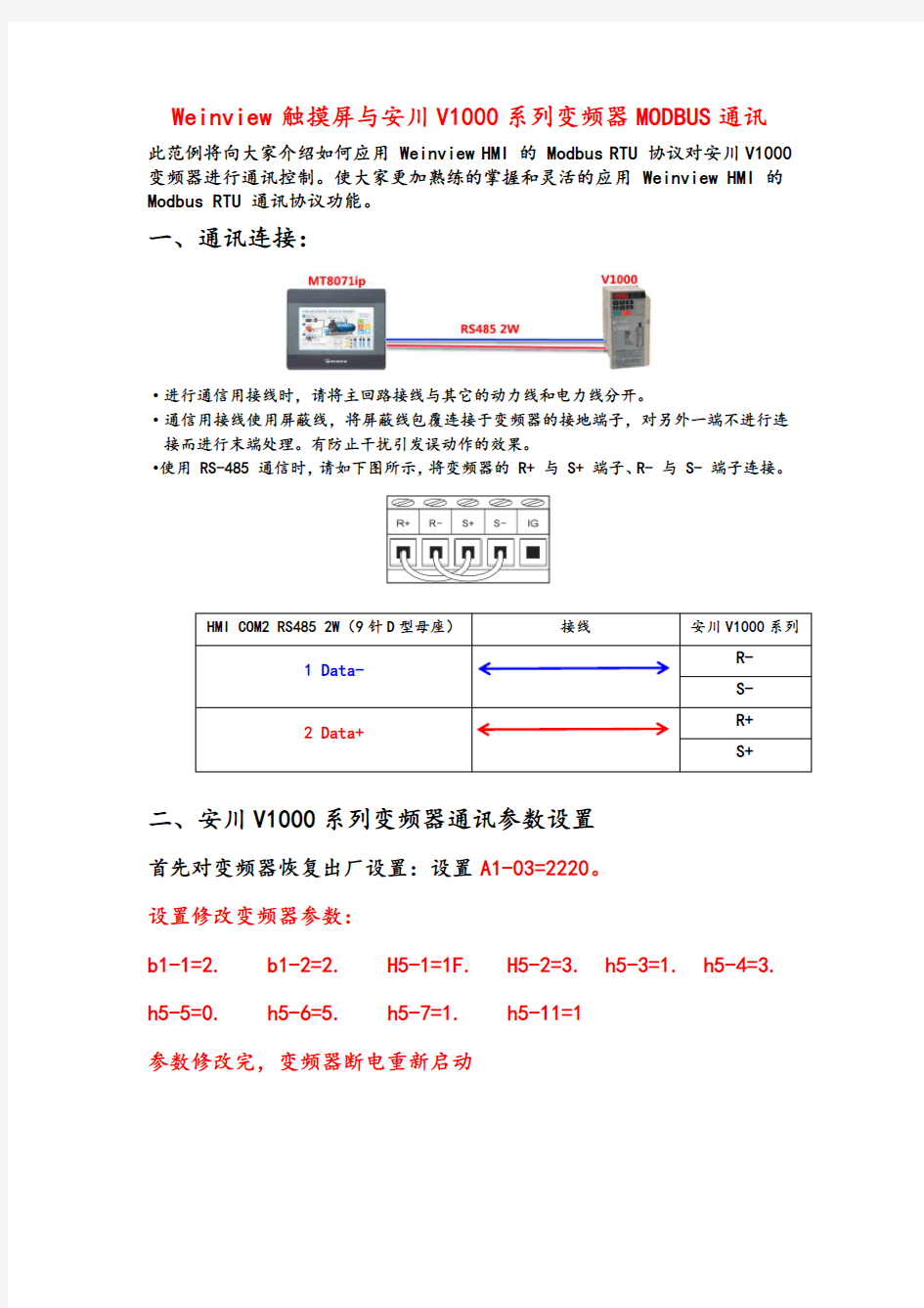 Weinview 触摸屏与安川V1000系列变频器MODBUS通讯