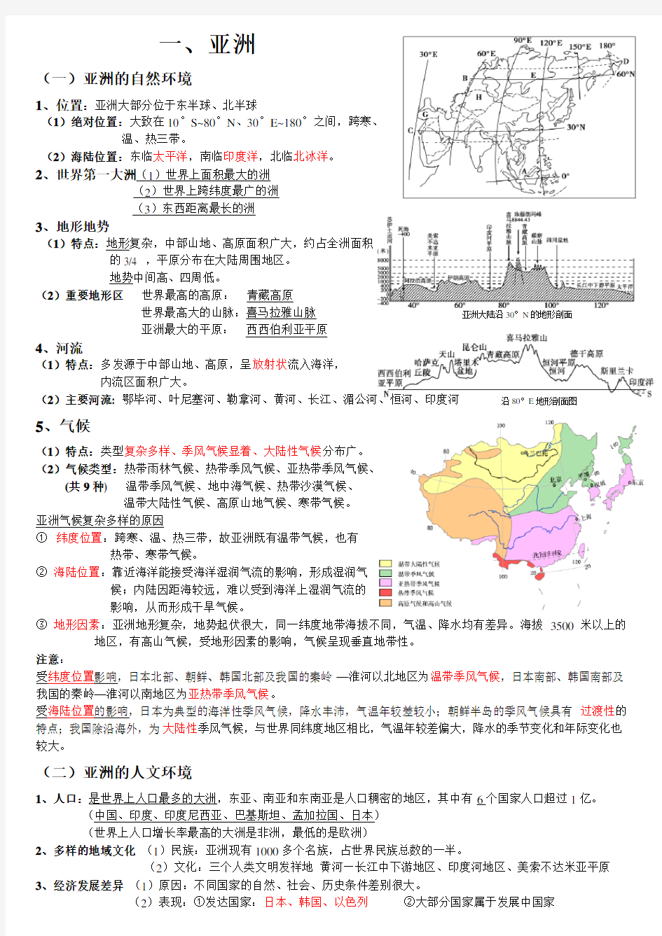 亚洲和东亚区域地理知识总结精华