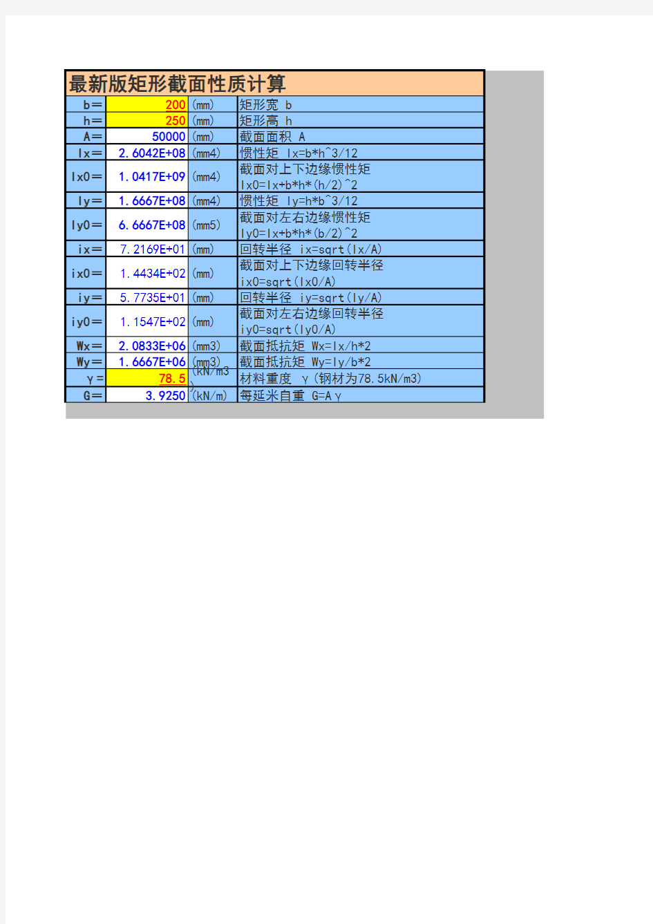 最新版建筑工程截面几何性质计算表(矩形截面)